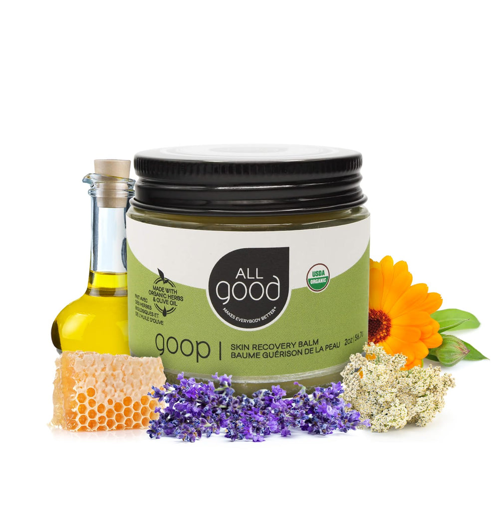 All Good Goop jar close-up highlighting calendula to soothe dry skin.