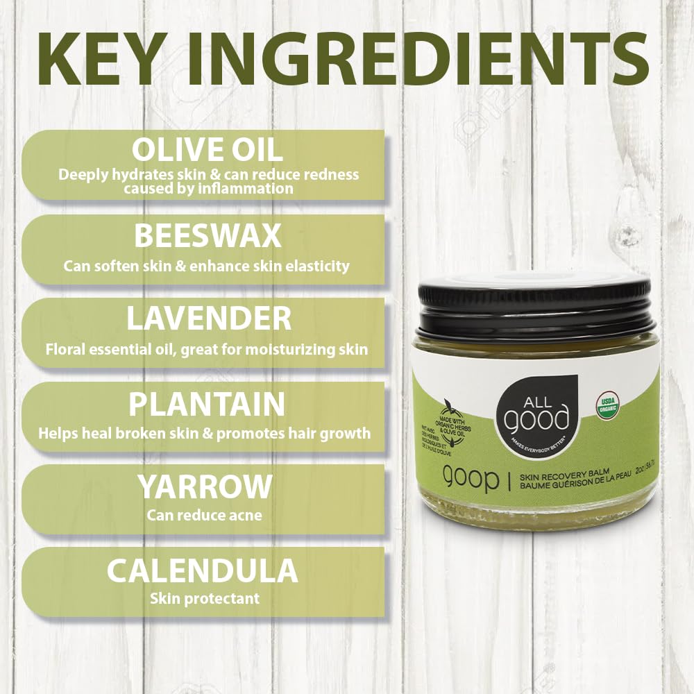 All Good Goop Recovery Balm packaging shows calendula infusion for soothing skin.