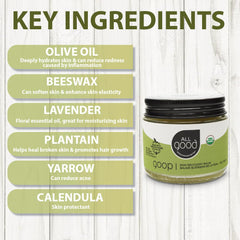 All Good Goop Recovery Balm packaging shows calendula infusion for soothing skin.
