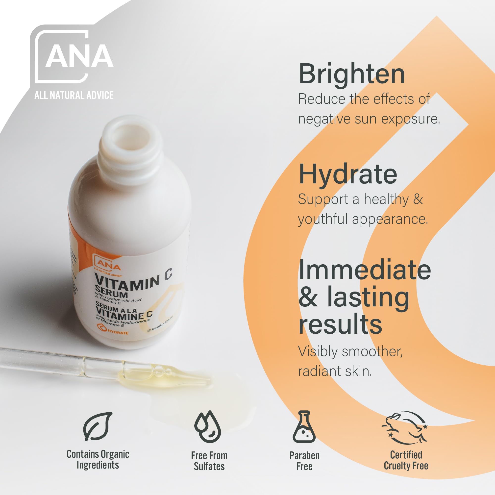 All Natural Advice Vitamin C serum hyaluronic acid delivers hydrated, plump-feeling skin.