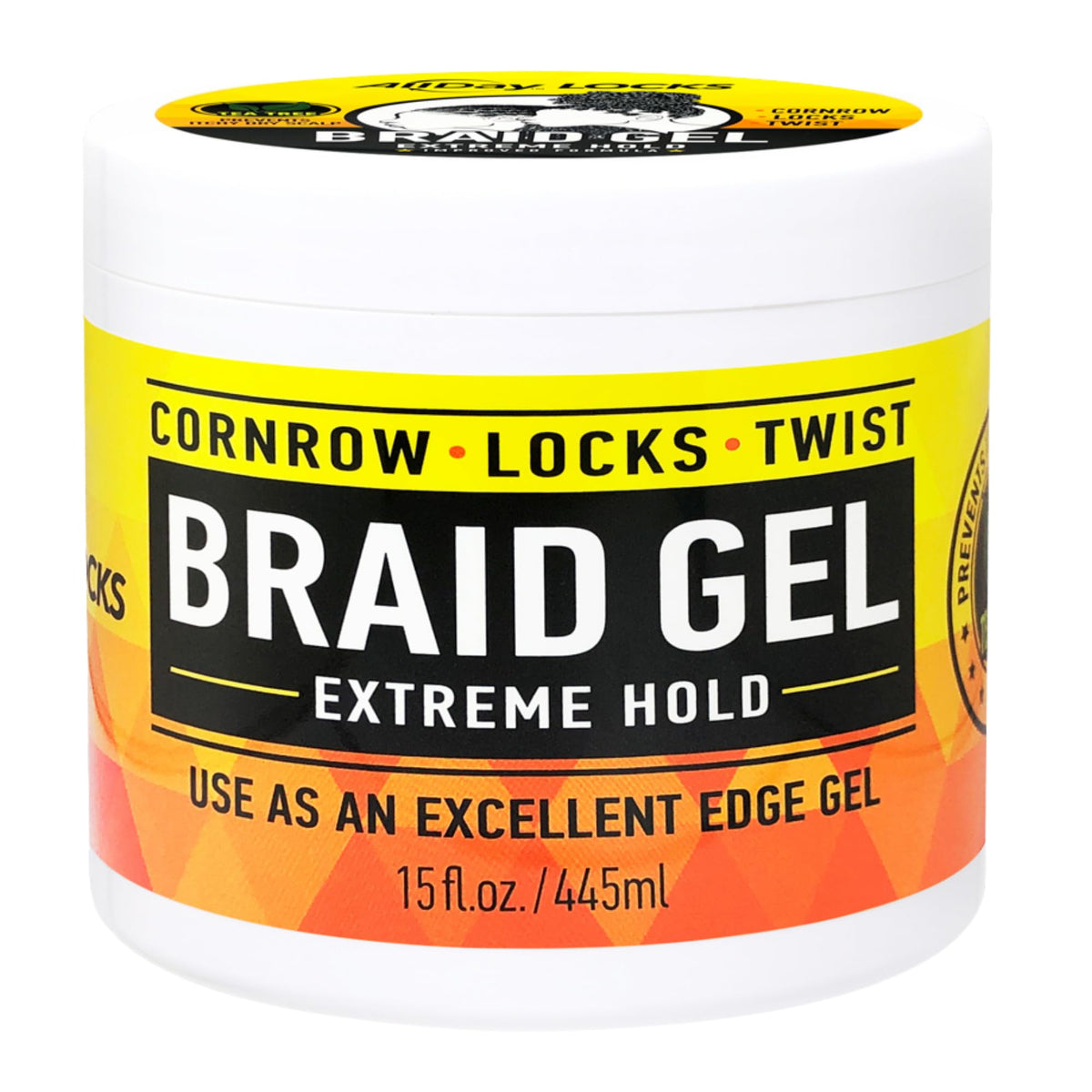 AllDay Locks Braid Gel bottle close-up, 15 oz, for long-lasting hold
