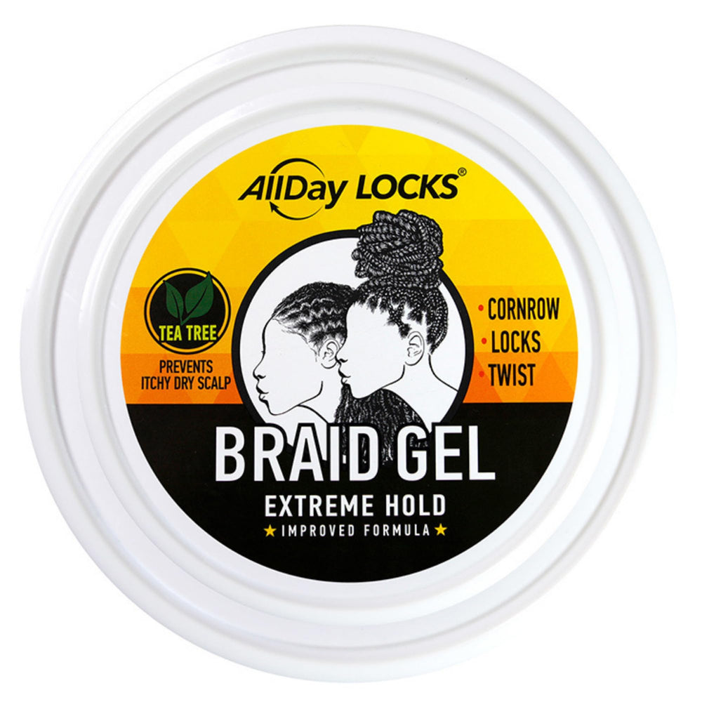 AllDay Locks Braid Gel Bucket Open Lid highlights 64-ounce bulk supply for styling