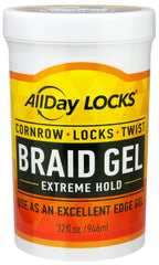 AllDay Locks Braid Gel jar closeup showing smooth texture for sleek, frizz-free braids.