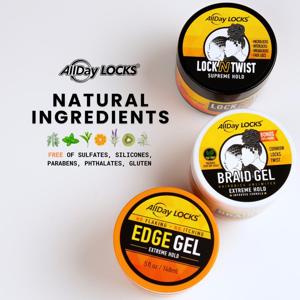 AllDay Locks Braid Gel Styling Scenario shows edge control for twists and cornrows