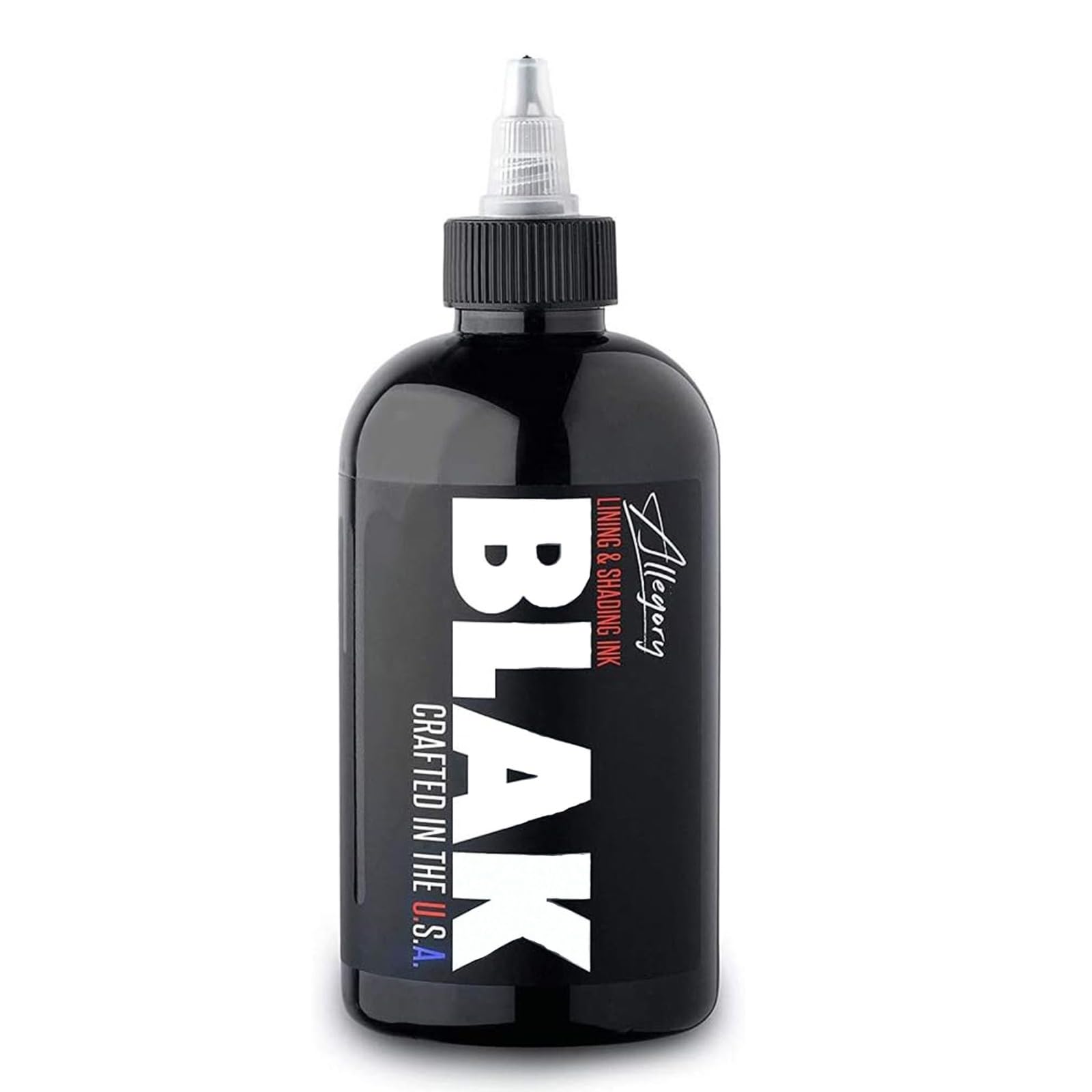 Allegory Blak ink bottle closeup shows rich pigment for precise lining and shading.