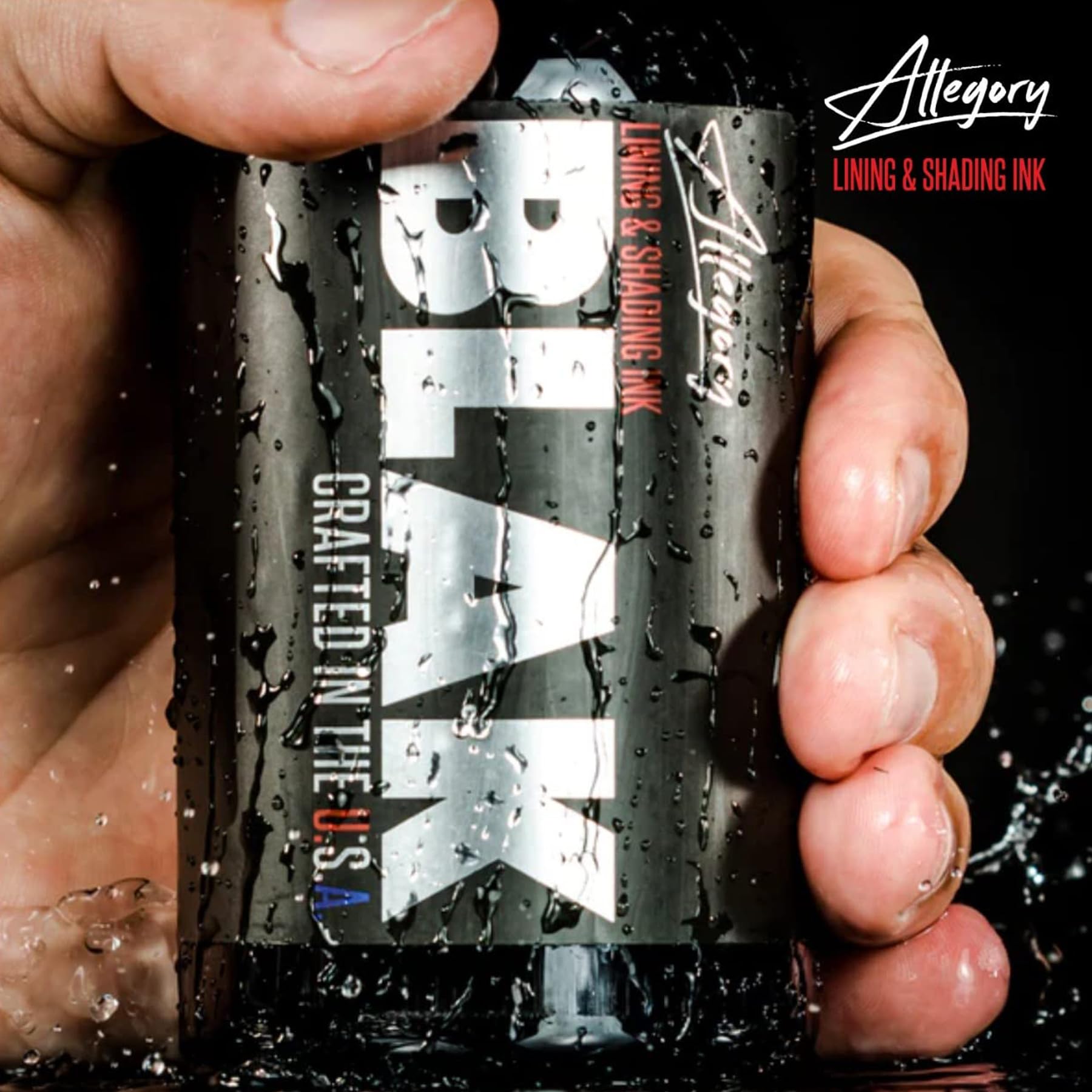 Allegory Blak ink bottle pour demonstrates smooth flow for even applications.