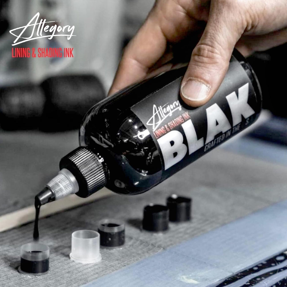 Allegory Blak ink skin-use scenario shows bold, even black finishing.