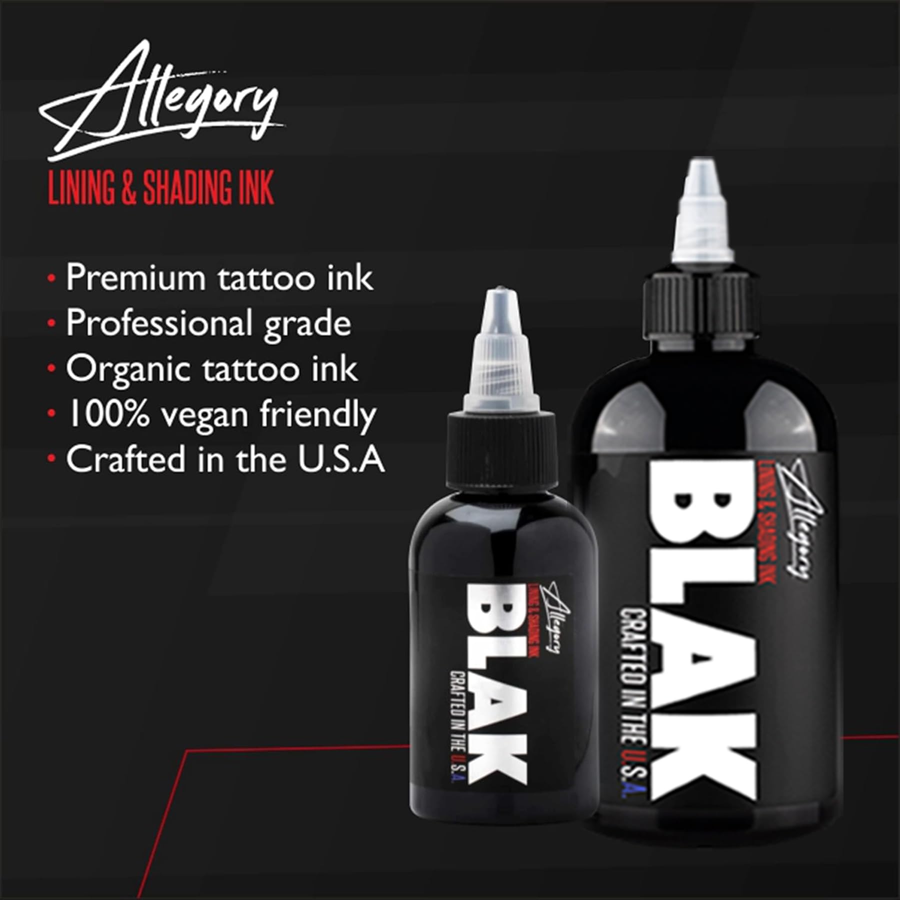 Allegory Blak ink vegan-friendly seal signals cruelty-free, skin-friendly color.