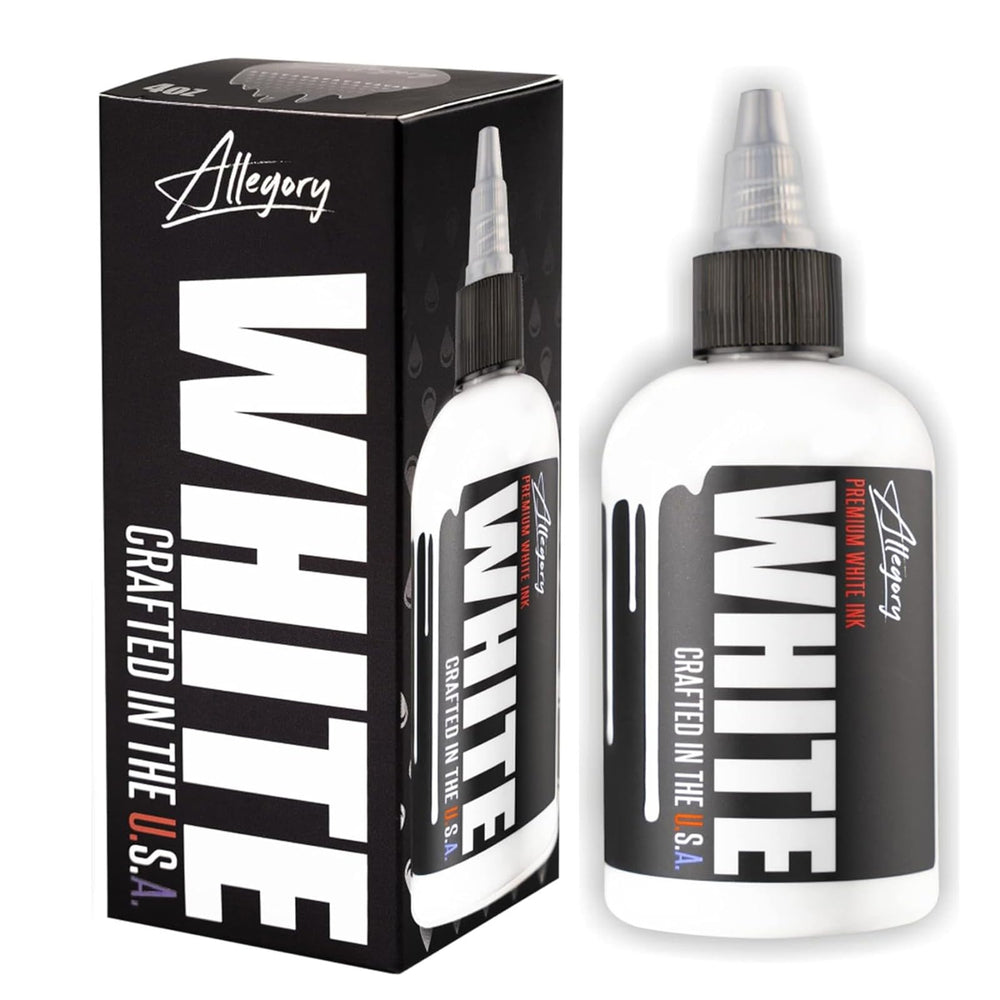 Allegory White Ink label highlights vegan, USA-made pigment for reliable sessions.