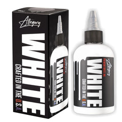 Allegory White Ink label highlights vegan, USA-made pigment for reliable sessions.