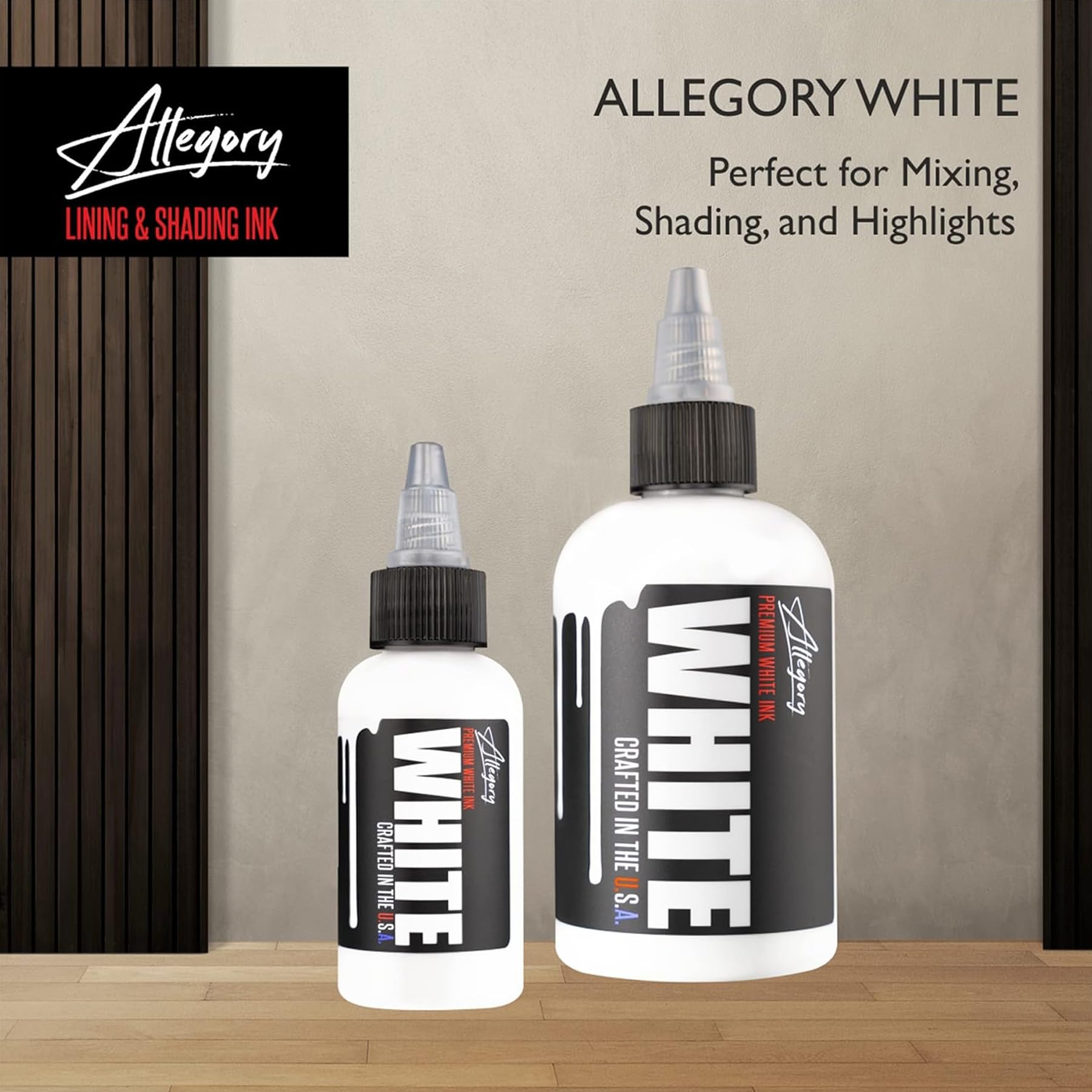 USA-made Allegory Ink packaging emphasizes quality and tamper-resistant design.