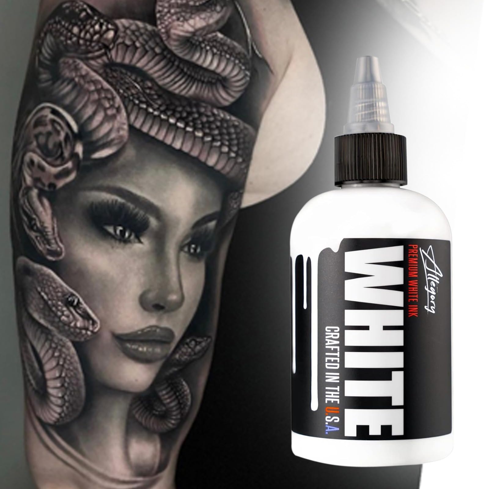 Allegory White label close-up shows authentic USA-made ink.