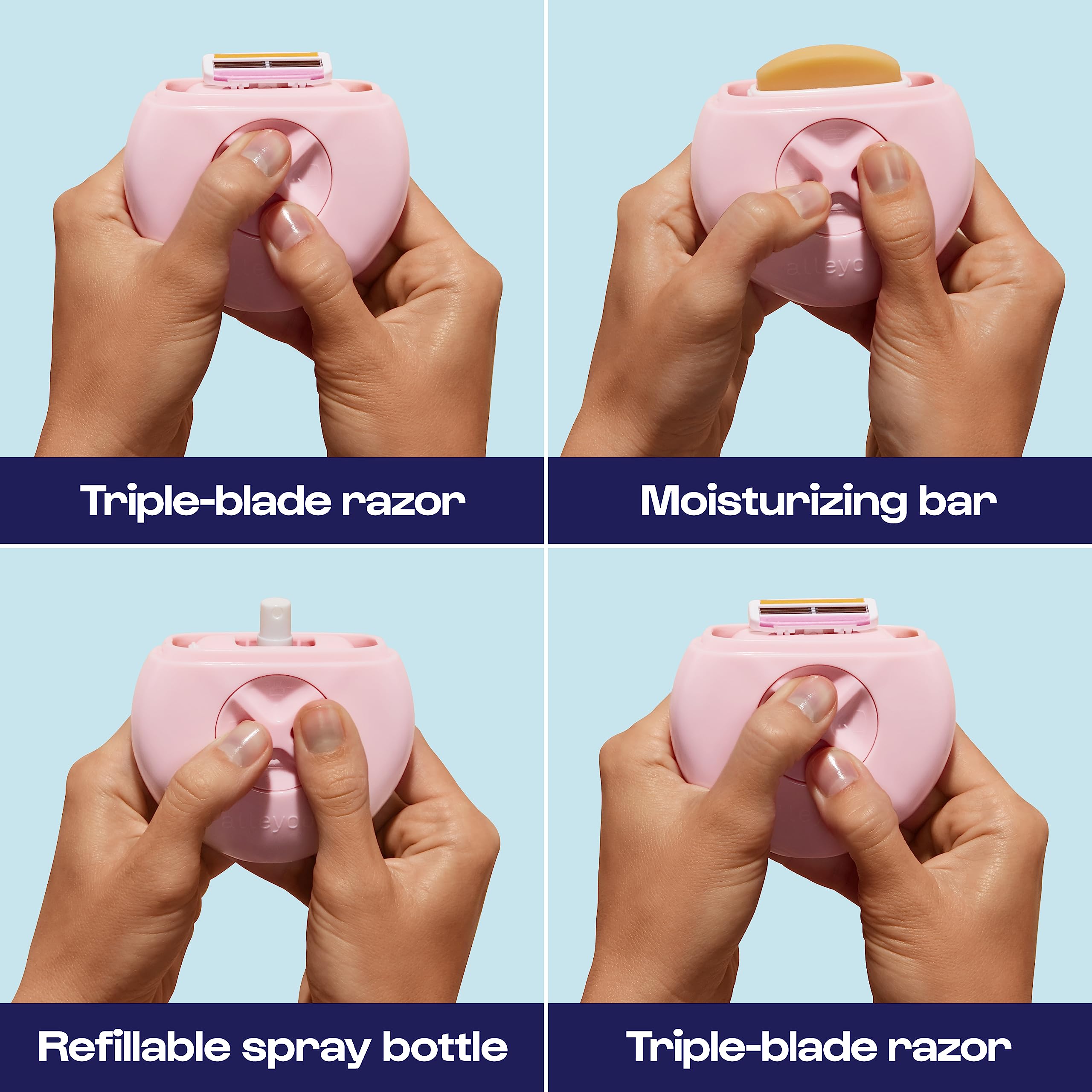 ALLEYOOP dusty pink razor cartridges with lubricating strip for smooth results.