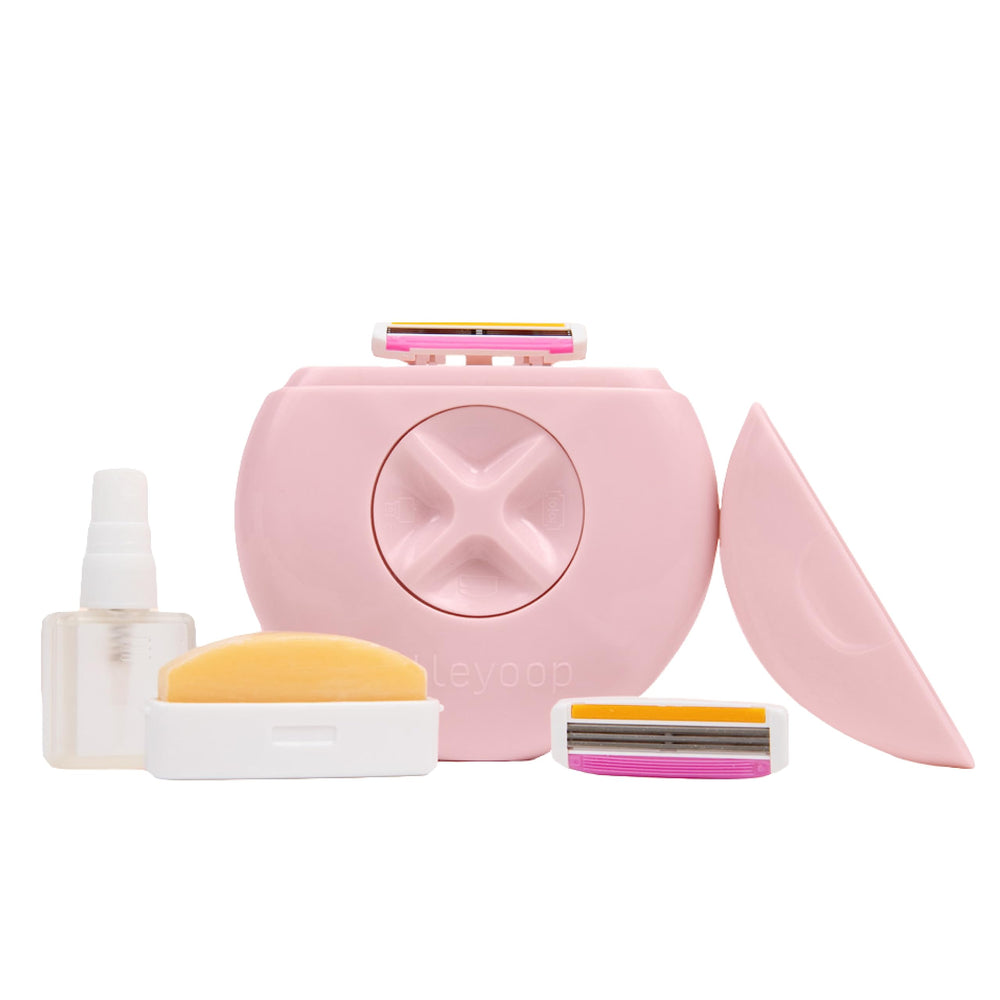ALLEYOOP dusty pink travel razor compact for on-the-go touch ups and close shaving.