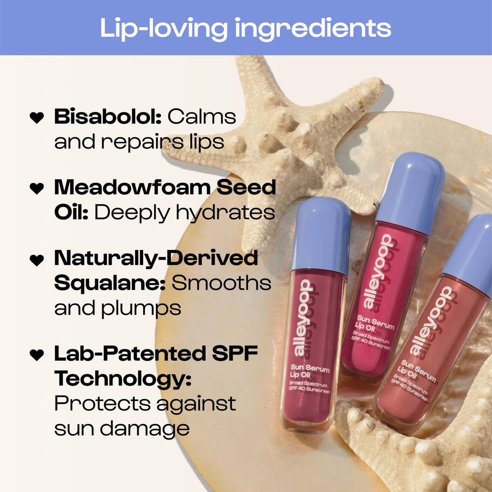 ALLEYOOP lip oil gloss on lips shows glossy, serum-like texture with hydration