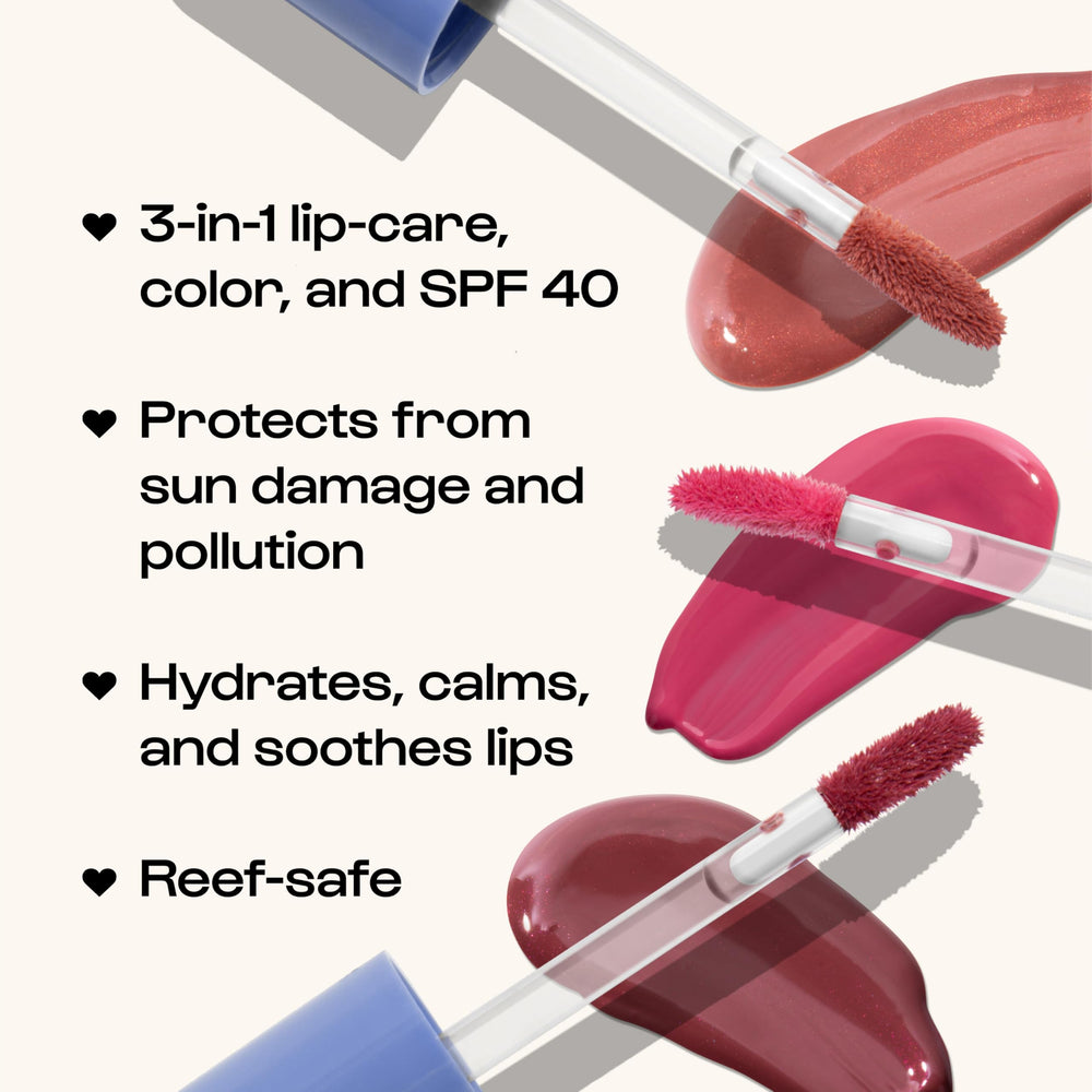 ALLEYOOP Sun Serum Lip Oil SPF 40 on lips delivers tinted color with SPF 40
