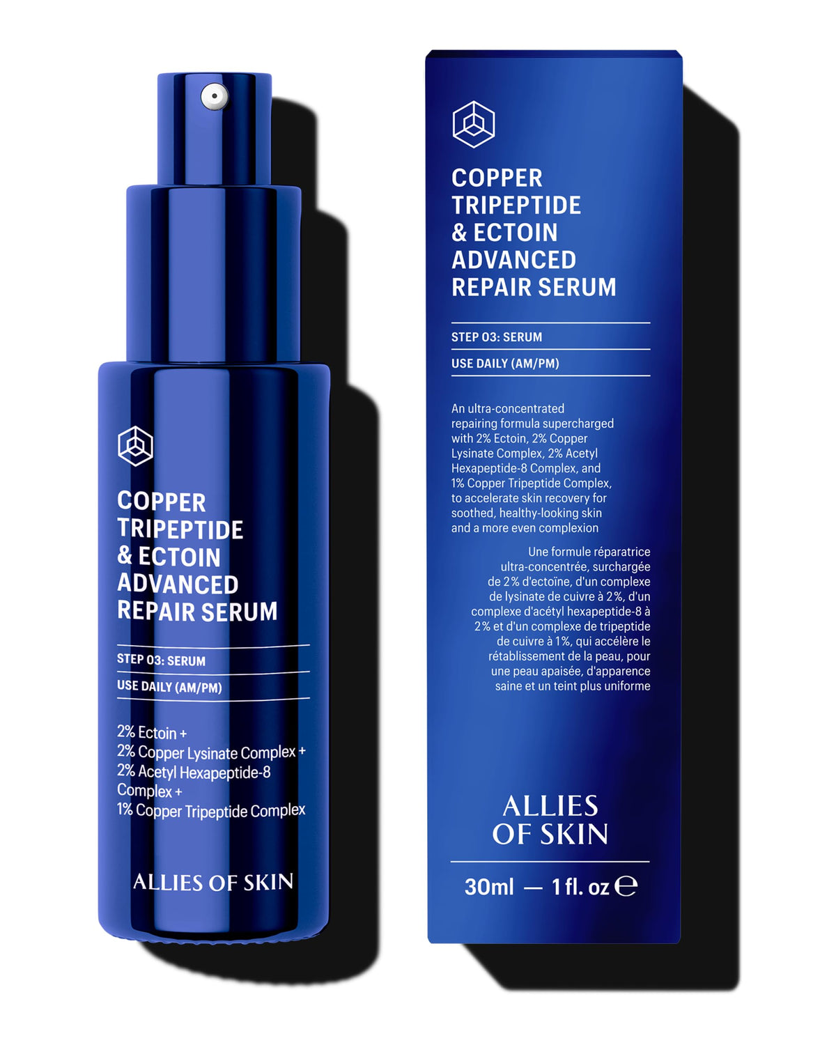 Allies of Skin Copper Tripeptide & Ectoin serum bottle close-up for hydrated, smoother skin.