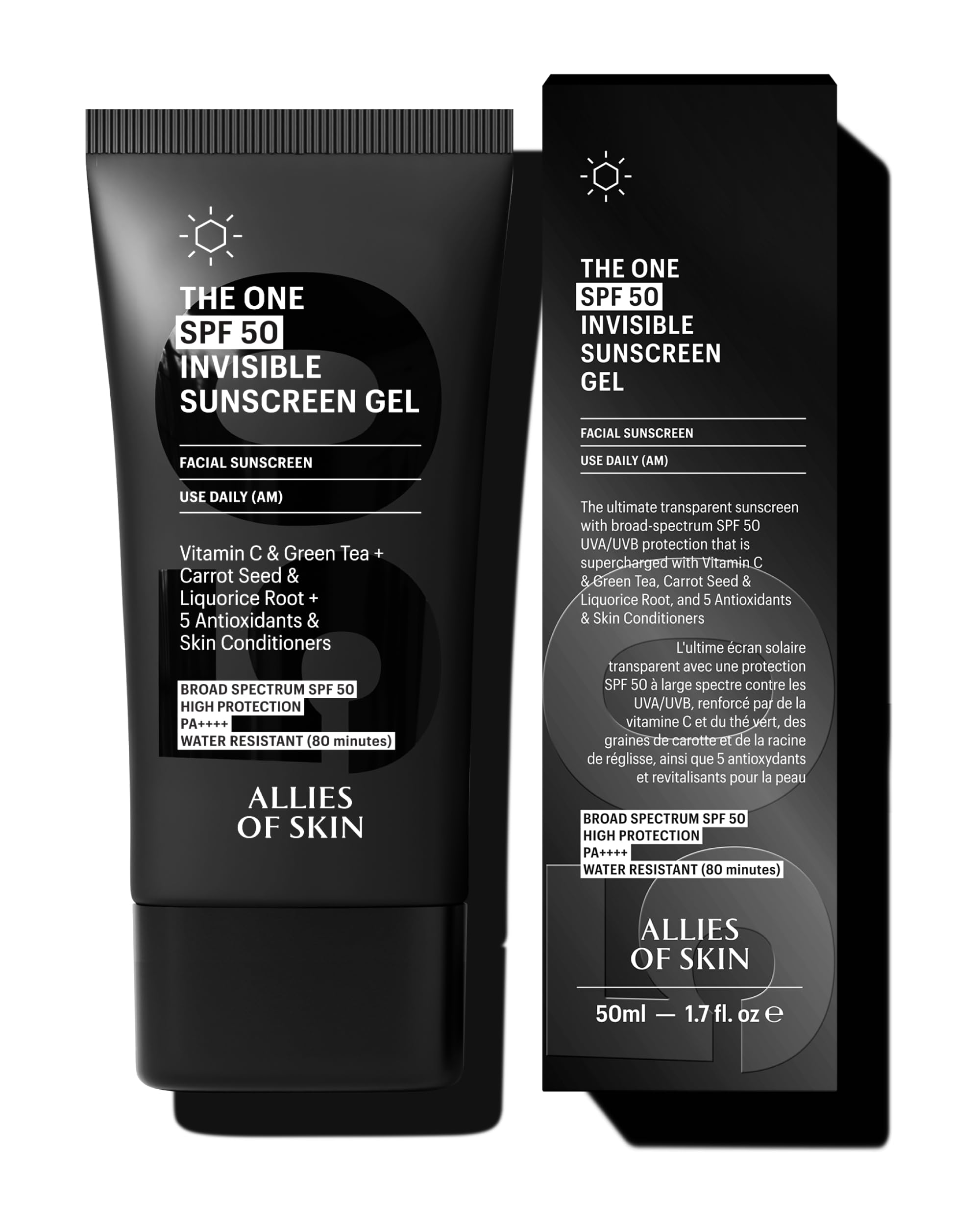 Allies of Skin Daily Face Sunscreen SPF 50 clear gel on skin shows invisible protection.