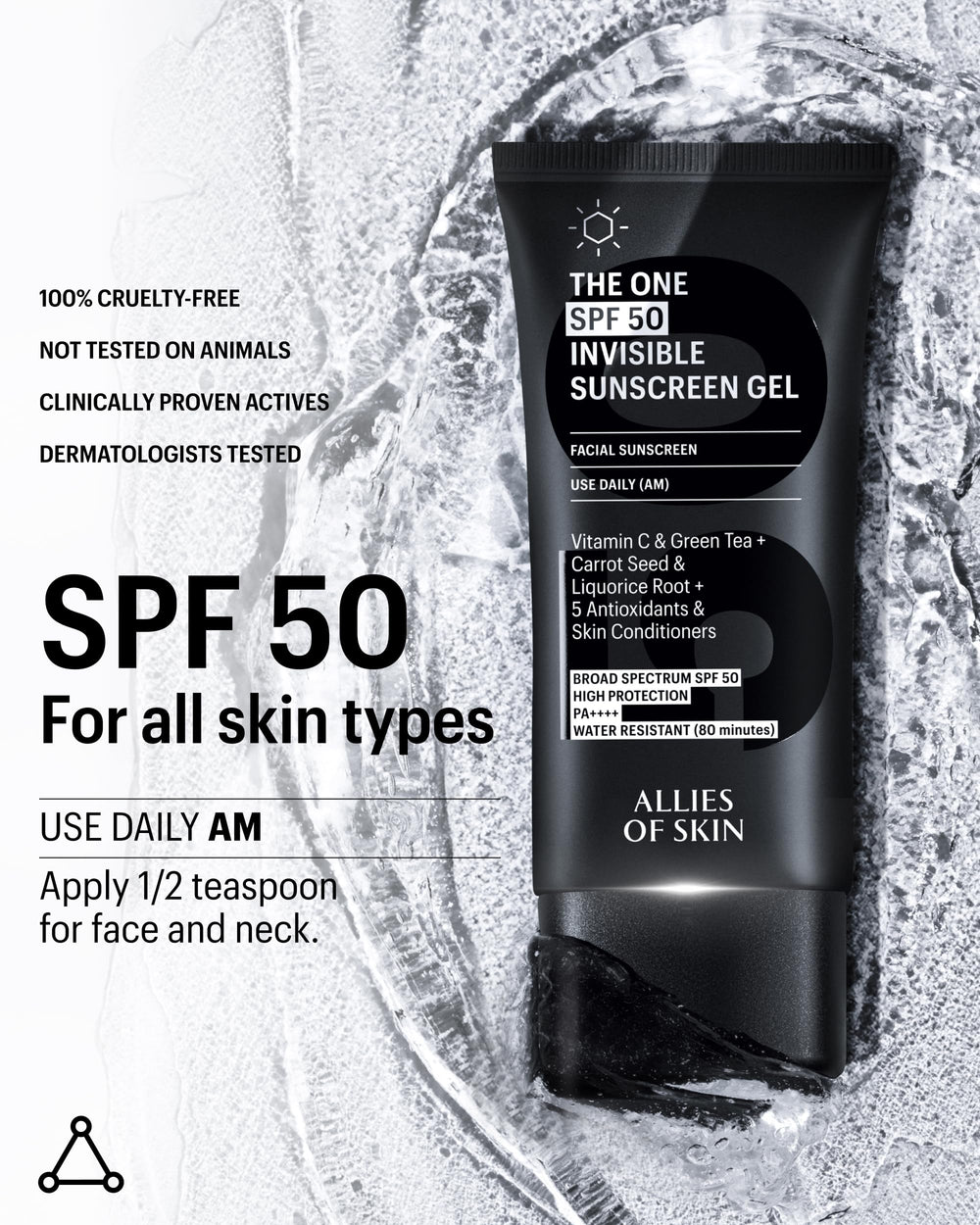 Dermatologist-tested Allies of Skin sunscreen packaging and branding.
