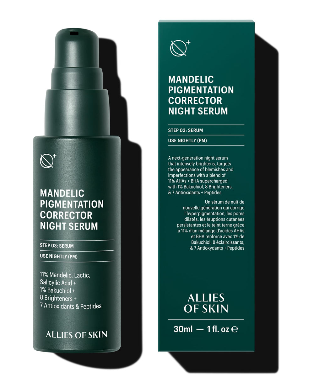 Allies of Skin Mandelic Pigmentation Corrector Night Serum bottle—gentle overnight brightening.