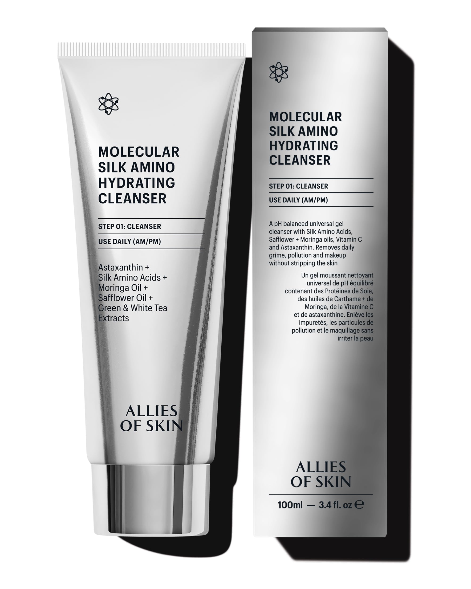 Allies of Skin Molecular Silk Amino Hydrating Cleanser bottle with silky lather for hydrated skin