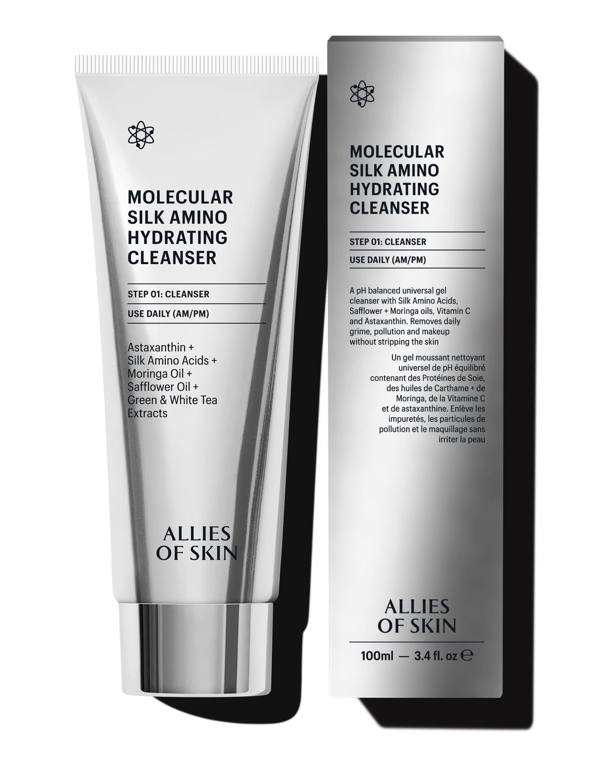Allies of Skin Molecular Silk Amino Hydrating Cleanser bottle with silky lather for hydrated skin