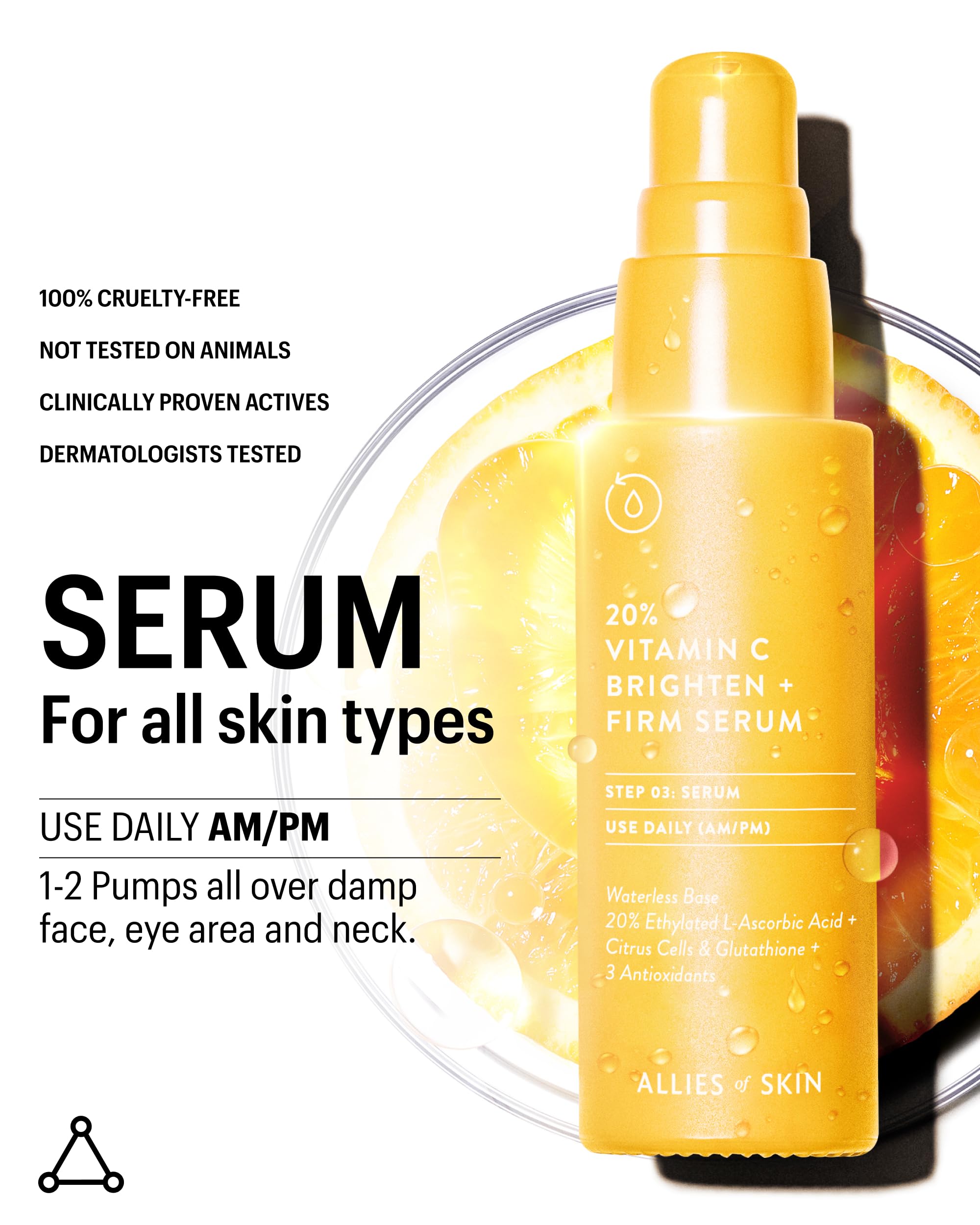 Allies of Skin crystal bottle on skin showing radiant, even look.