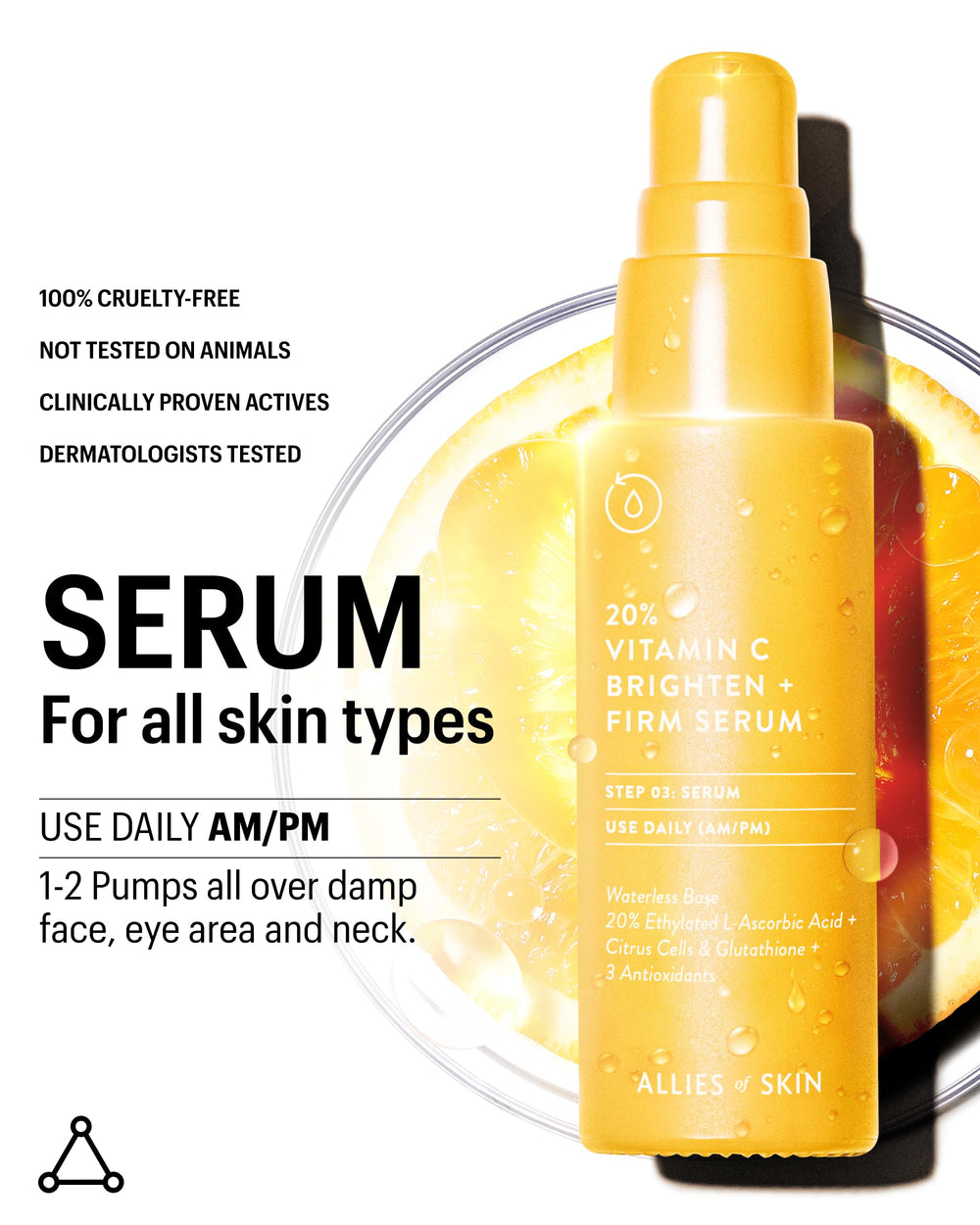 Allies of Skin crystal bottle on skin showing radiant, even look.