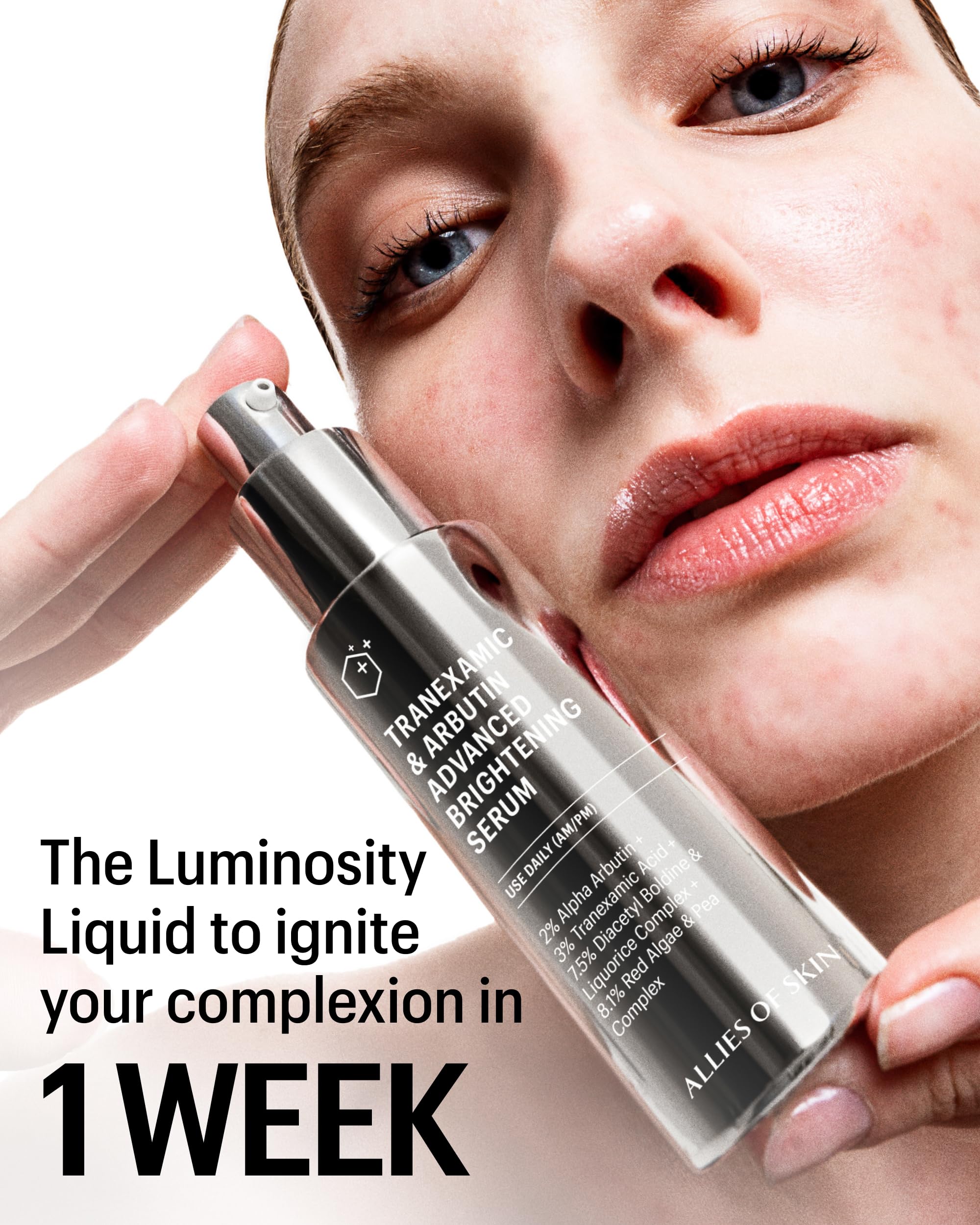 Allies of Skin Tranexamic-Arbutin Serum pump closeup highlights smooth application.