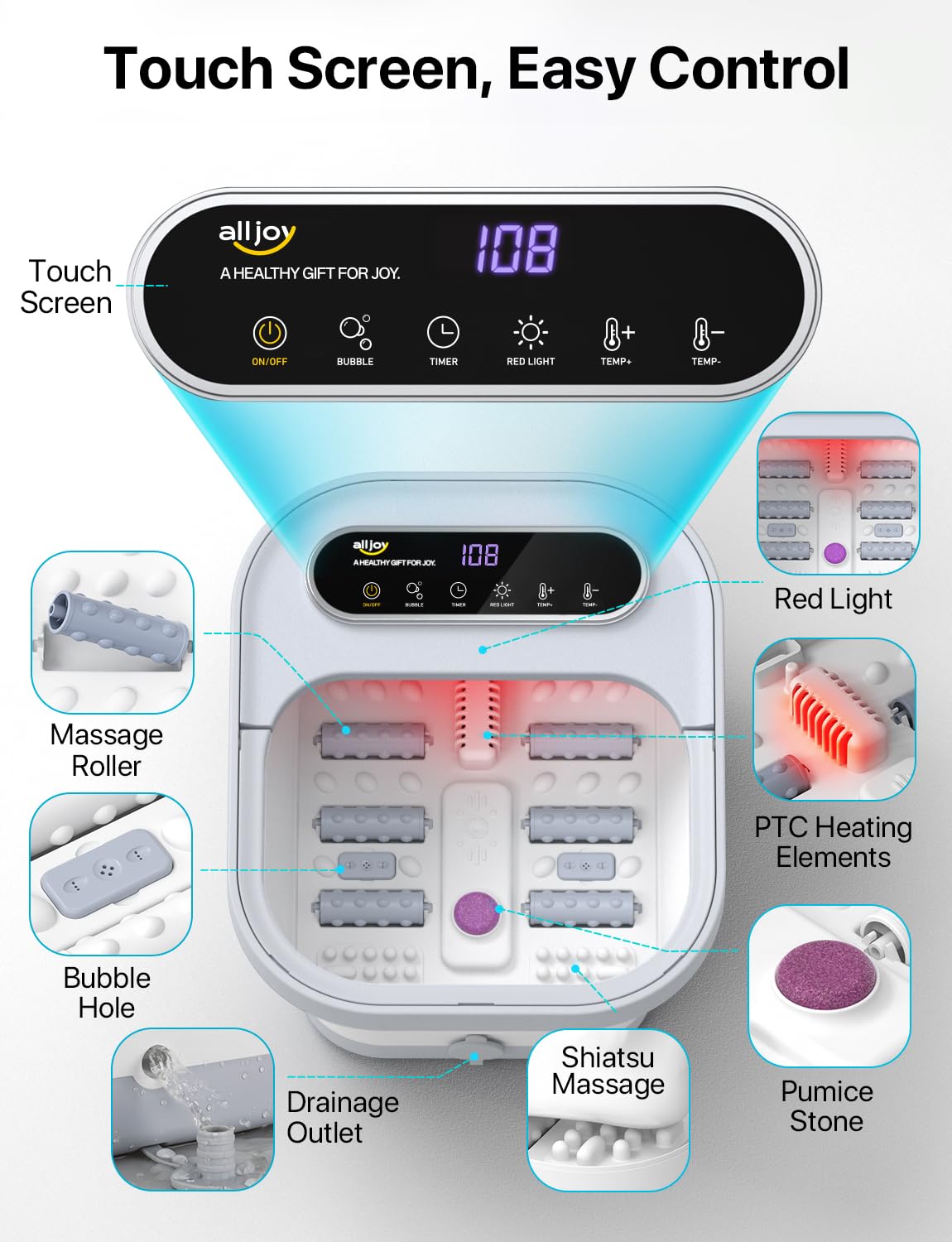 ALLJOY Foot Spa Massager control panel showing temperature readout for precise comfort.