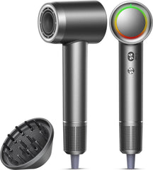 Alloom hair dryer front view shows compact, travel-ready design for everyday styling.