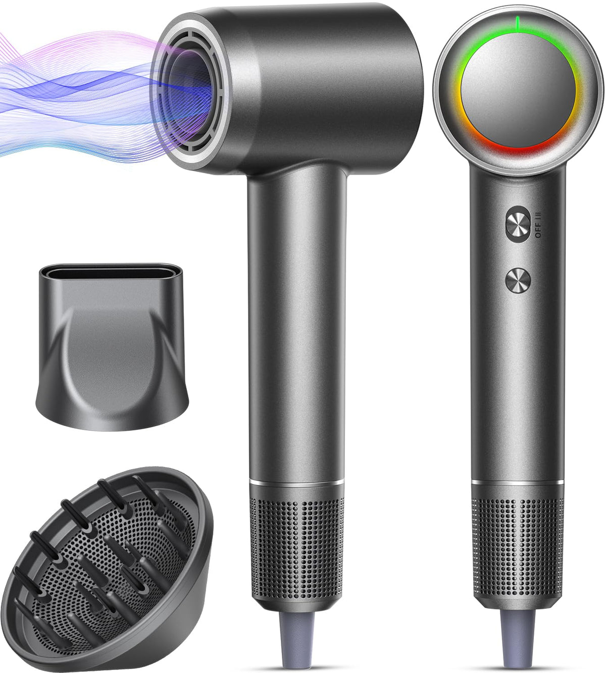 Alloom hair dryer gunmetal front view for fast drying and sleek styling