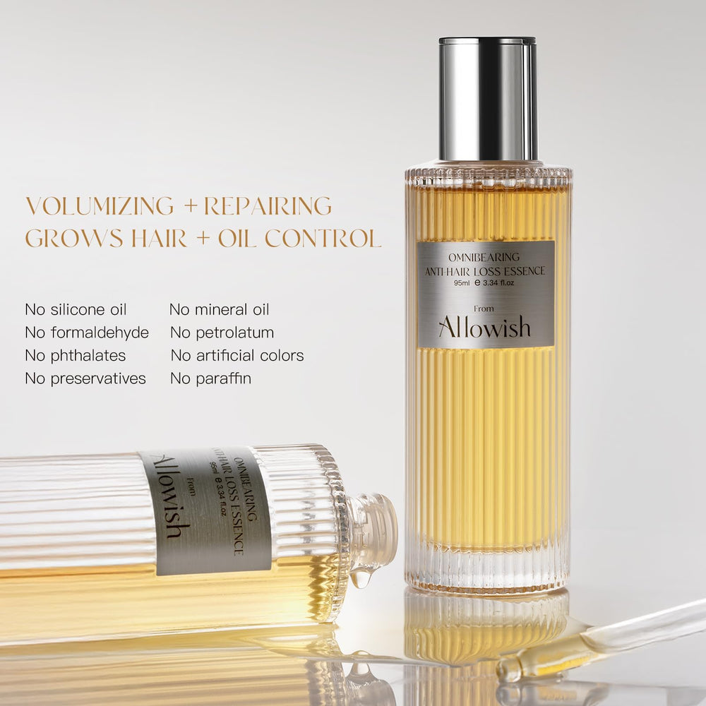ALLOWISH biotin caffeine formula close-up emphasizes energizing hair care benefits.