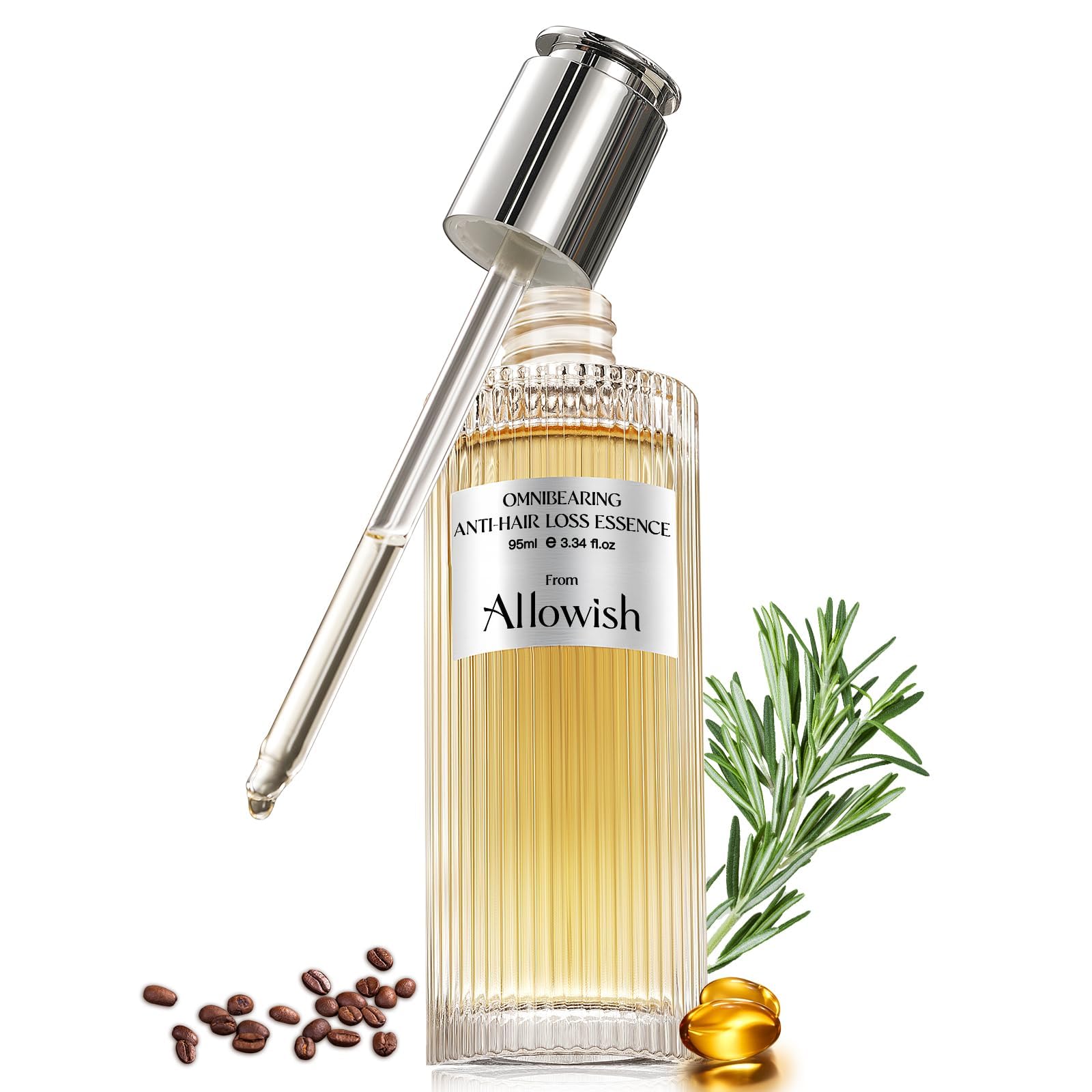ALLOWISH Hair Growth Serum bottle promotes fuller-looking hair.