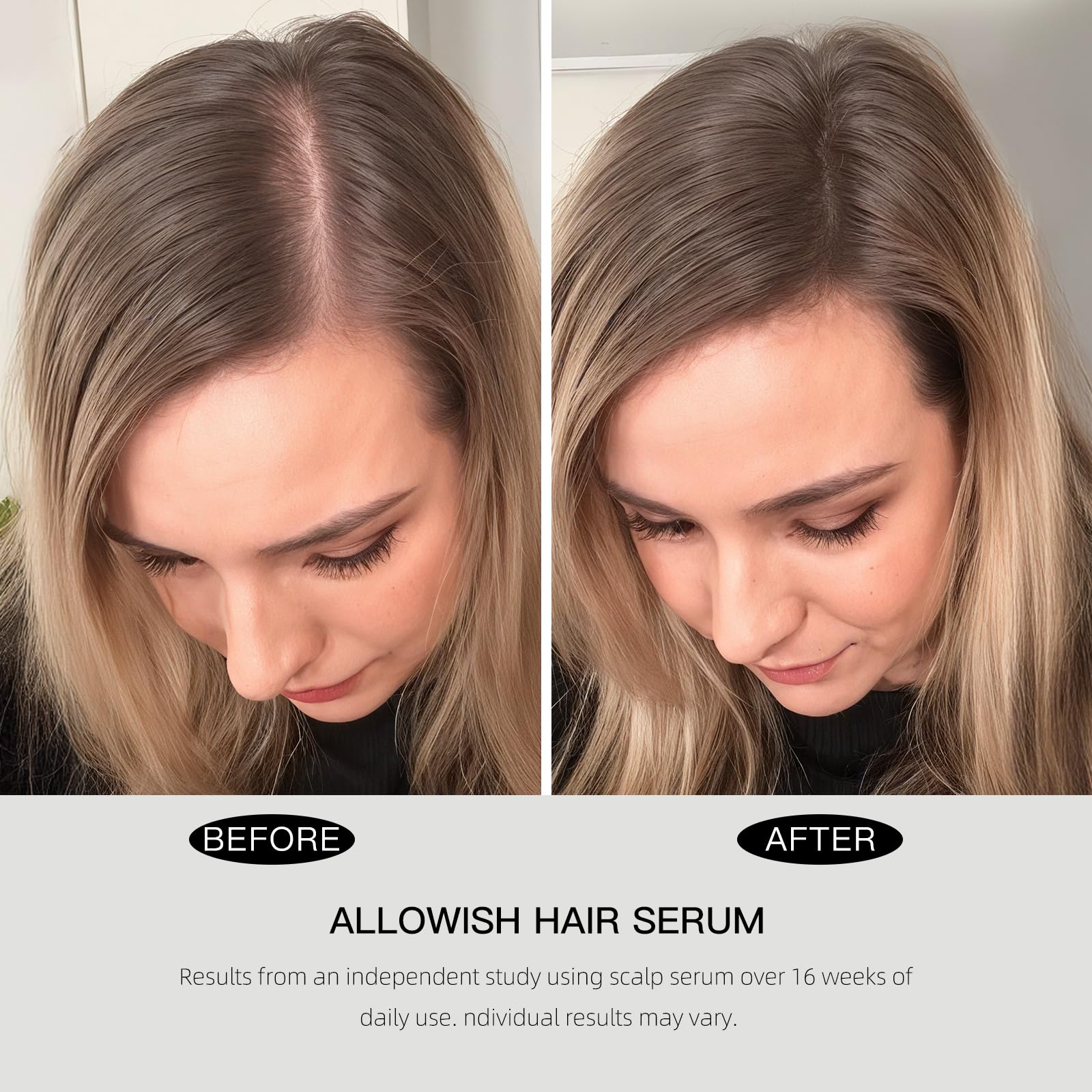 ALLOWISH user applying serum to hair demonstrates non-rinse step.