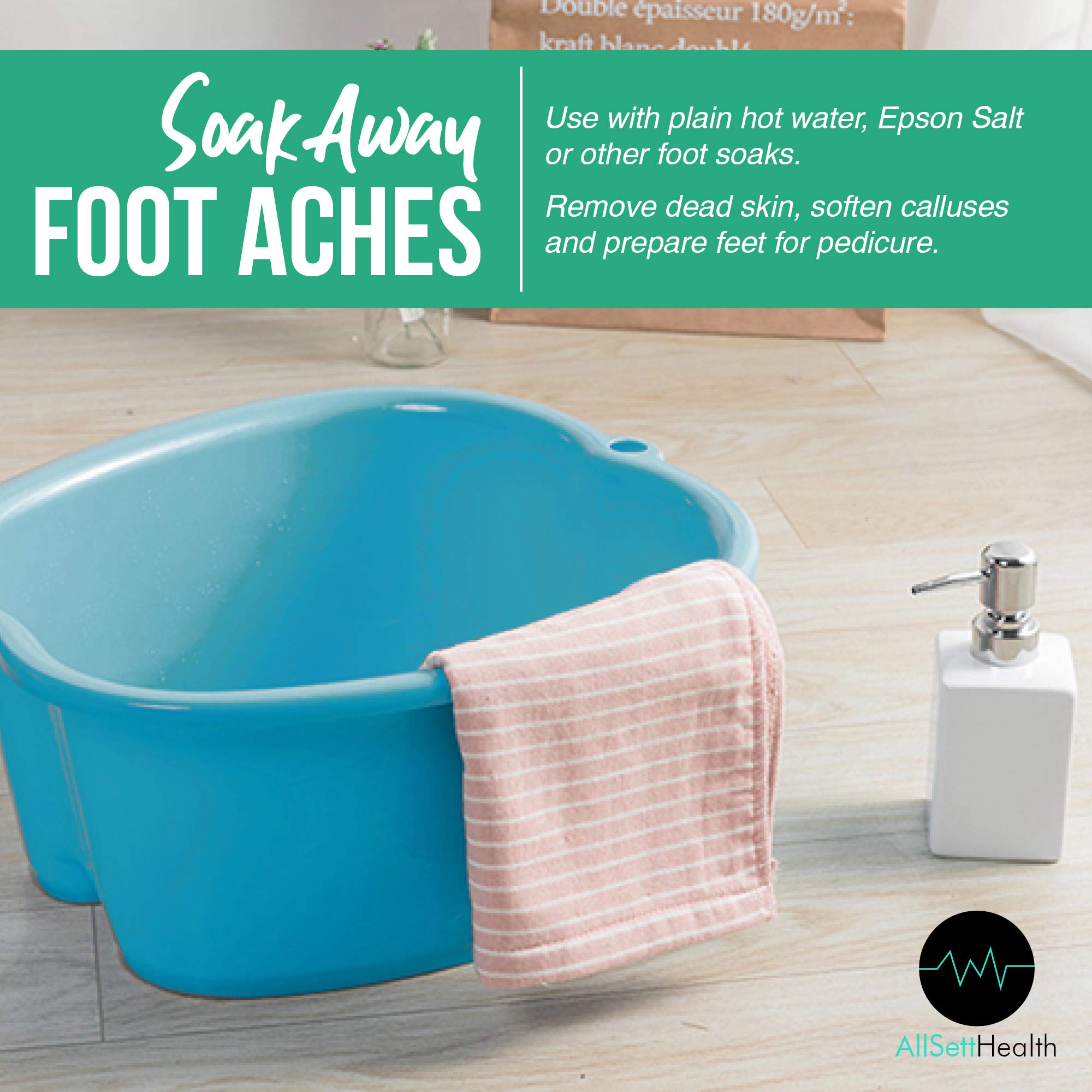 AllSett Health Foot Soaking Basin height-walls view shows 7-inch walls for extended soaking.