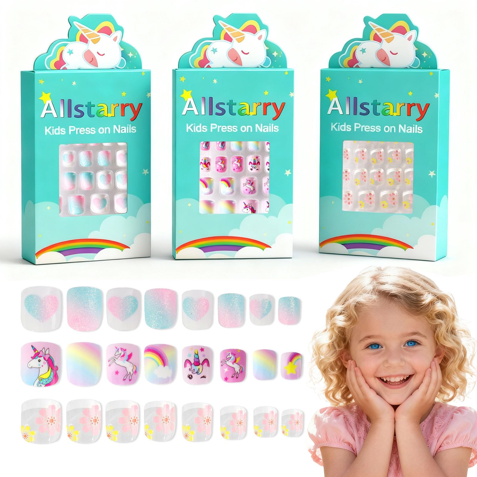 Allstarry Kids Press-On Nails multi-pack boxes offer colorful styles for mix-and-match play.