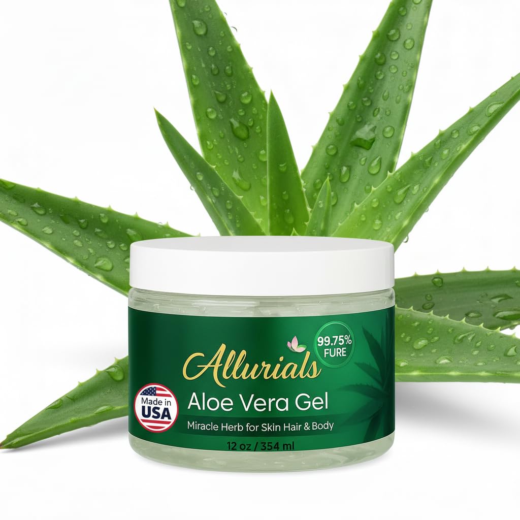Allurials Aloe Vera Gel bottle demonstrates easy daily hydration for skin.
