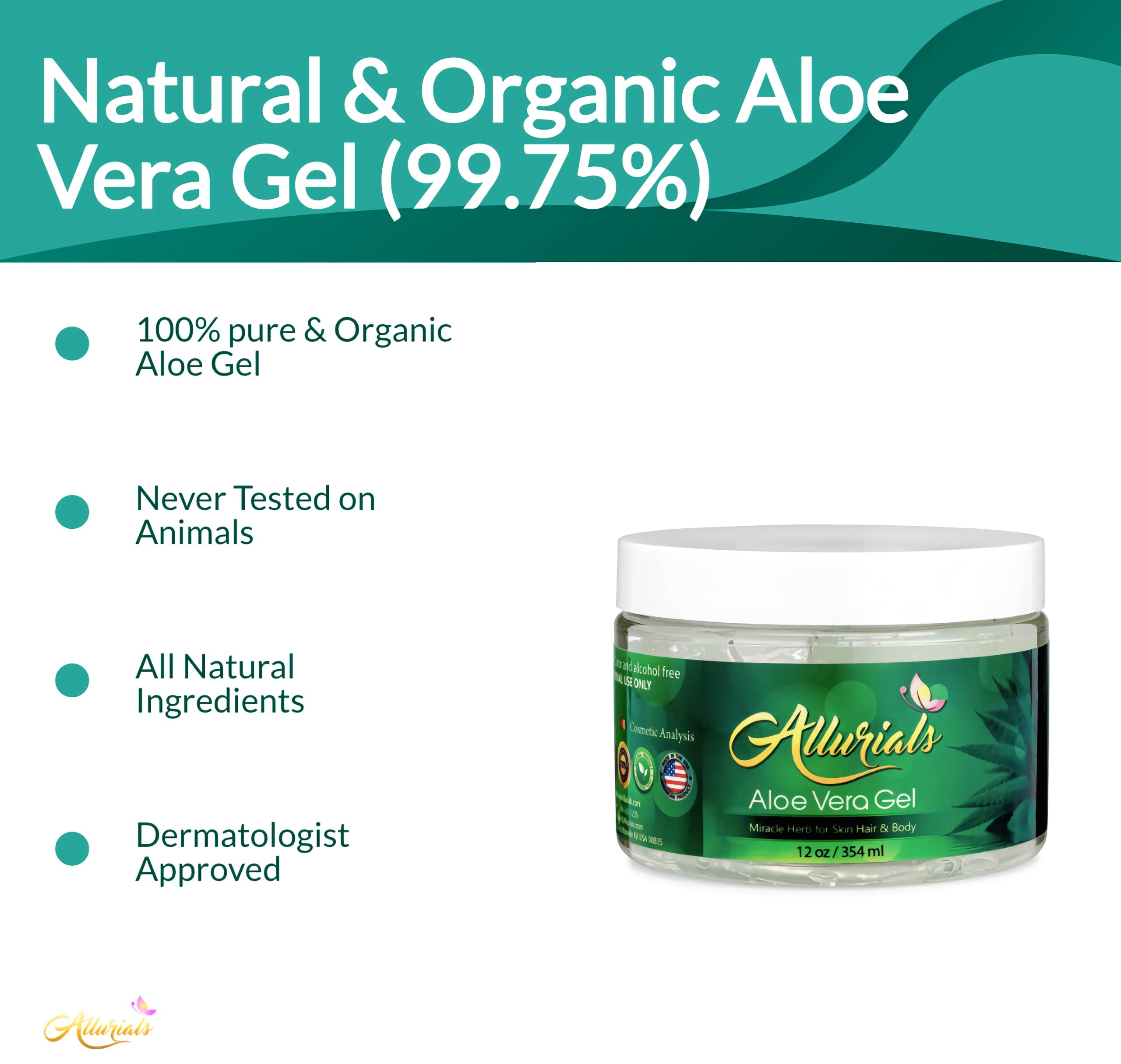 Allurials Aloe Vera Gel close-up texture highlights smooth, cooling relief for skin.