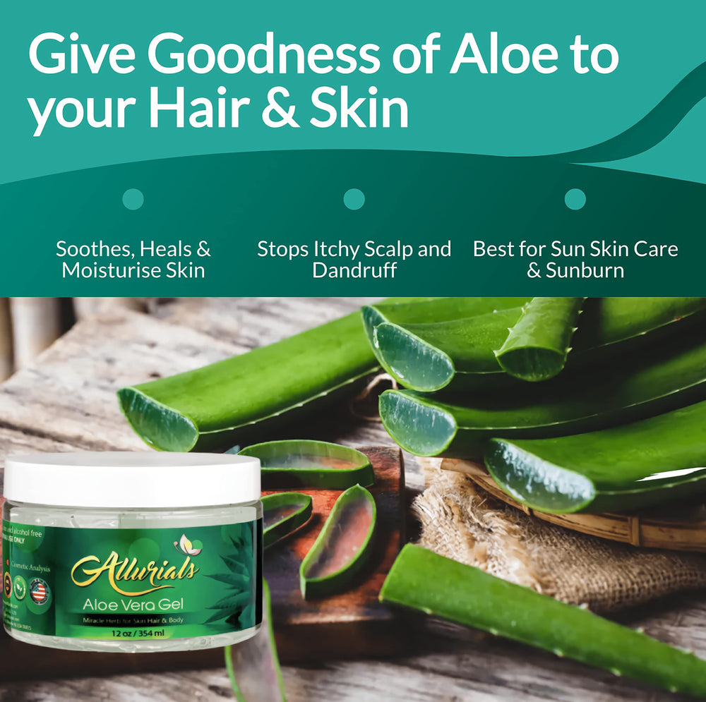 Allurials Aloe Vera Gel ingredients list highlights pure aloe and antioxidants.