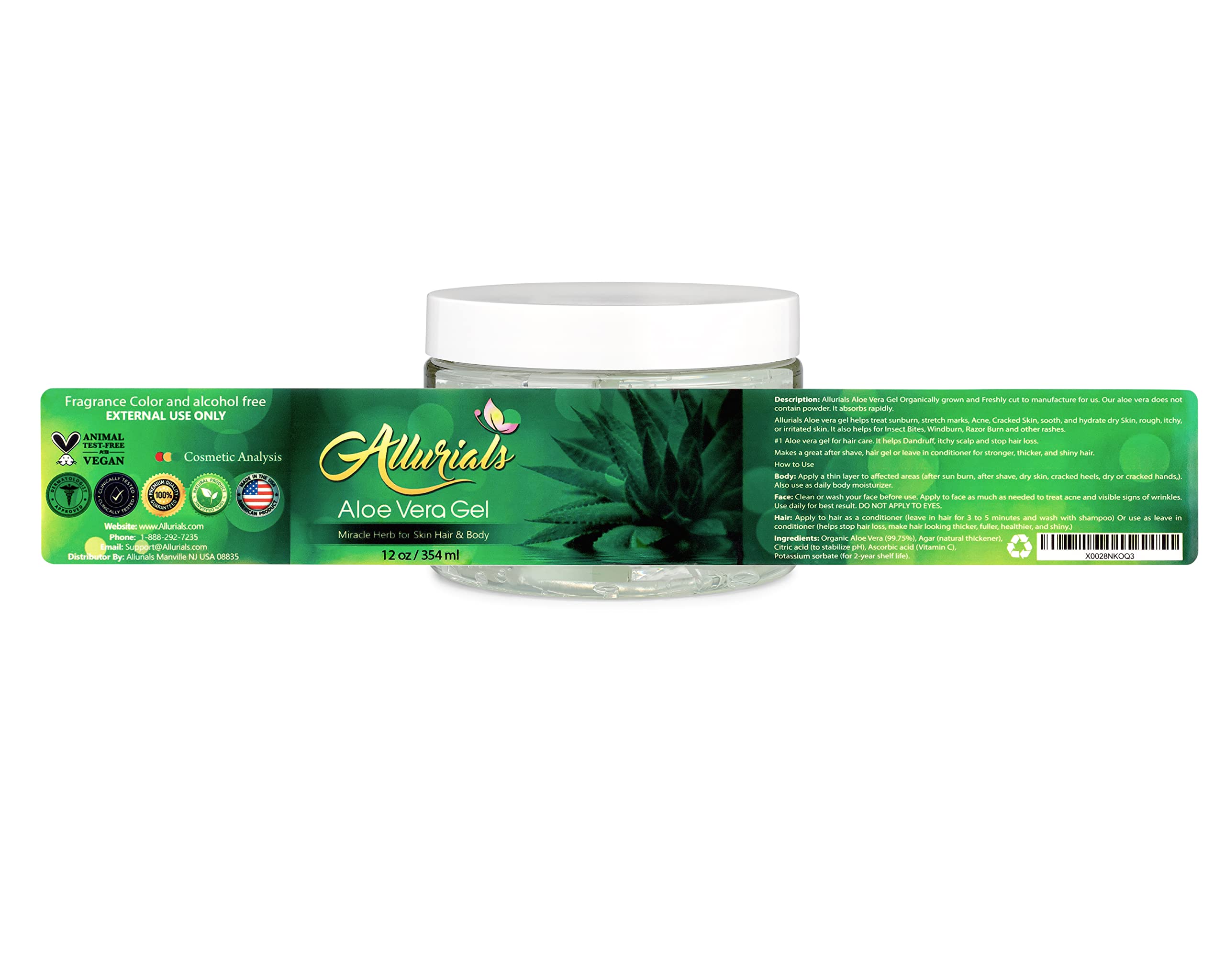 Allurials Aloe Vera Gel packaging and 12 oz size on display.