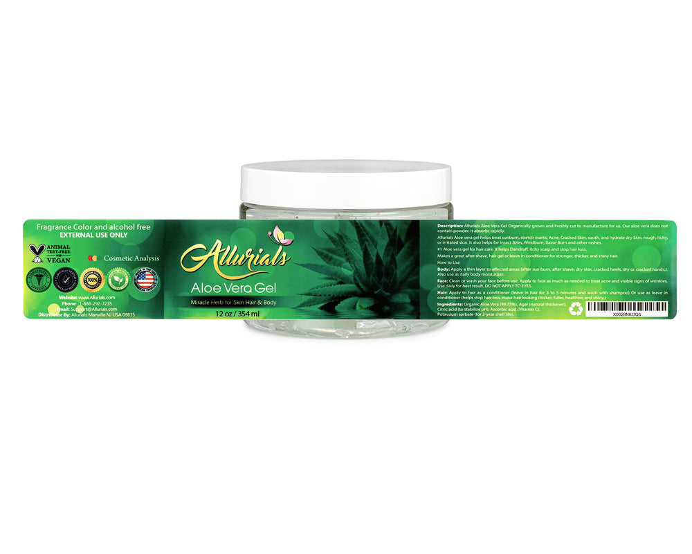 Allurials Aloe Vera Gel packaging and 12 oz size on display.