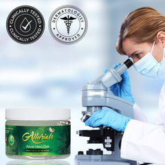 Allurials Aloe Vera Gel on skin application showcases calming, refreshing effect.