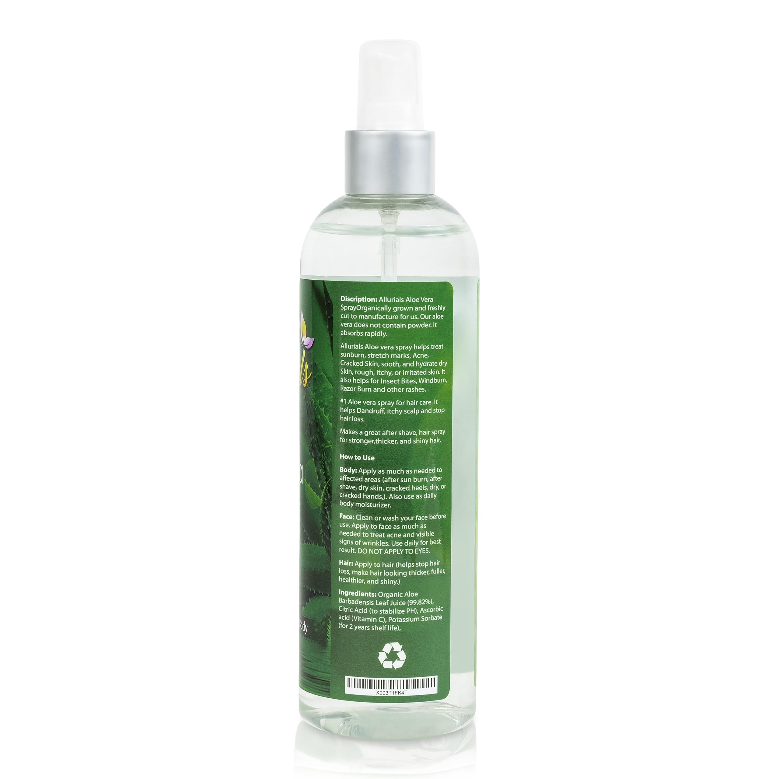 Allurials Aloe Vera Spray sustainably sourced aloe for planet-friendly routine.