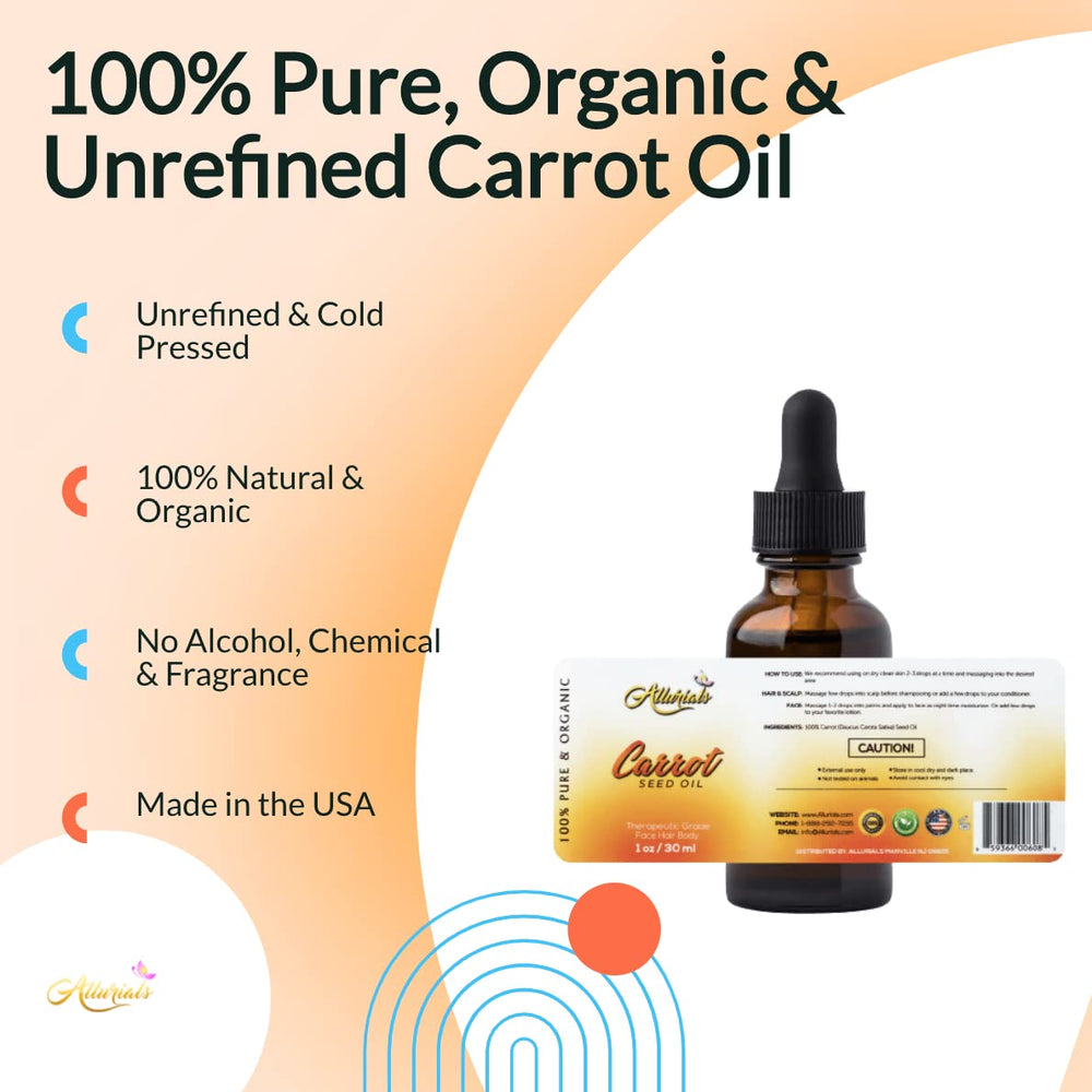 Allurials carrot seed oil organic formulation label emphasizes natural unrefined goodness