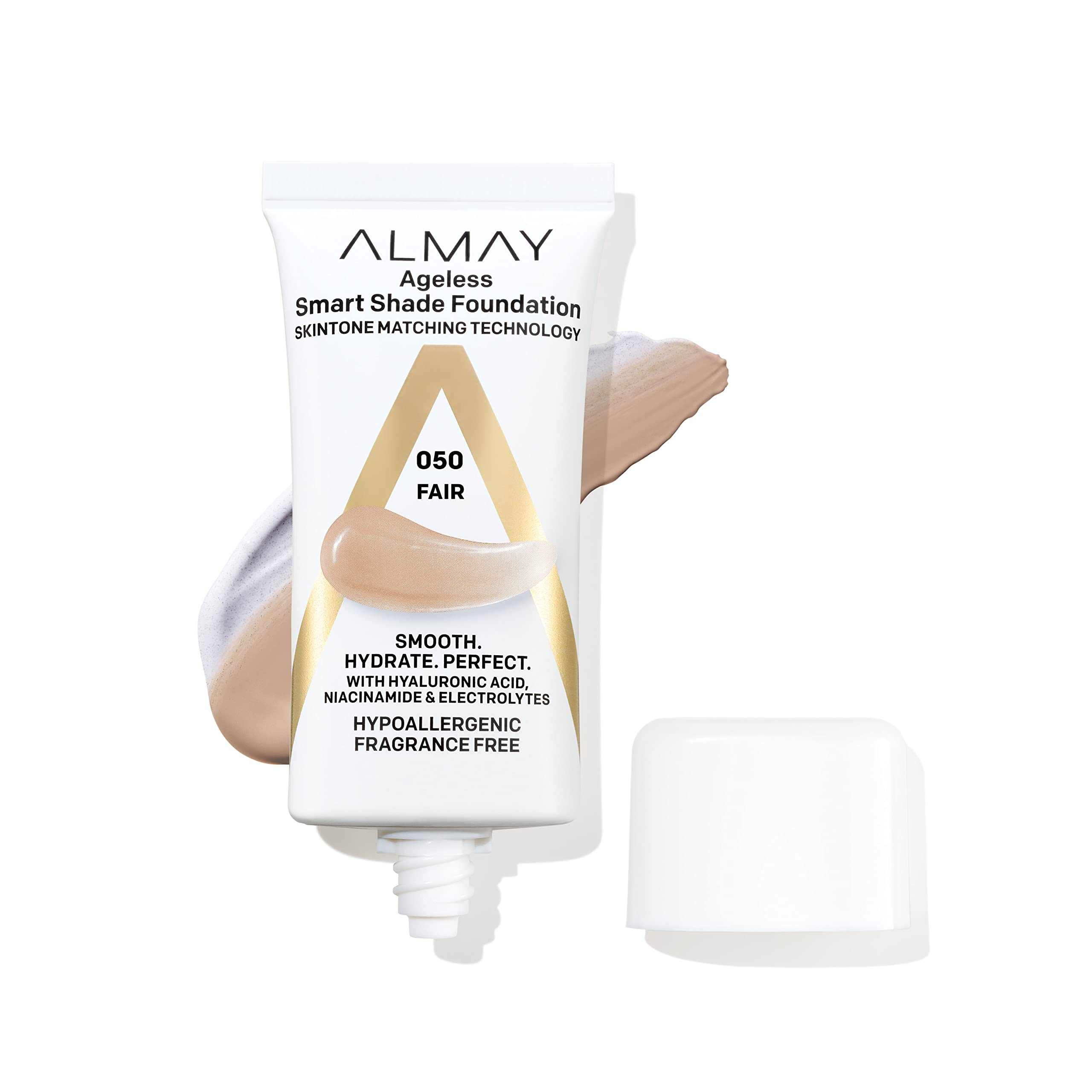 Almay Anti-Aging Foundation bottle shows shade-morphing technology for seamless matching.