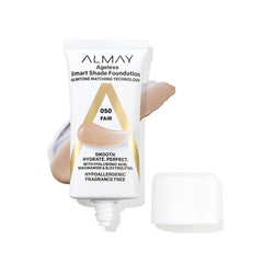 Almay Anti-Aging Foundation bottle shows shade-morphing technology for seamless matching.