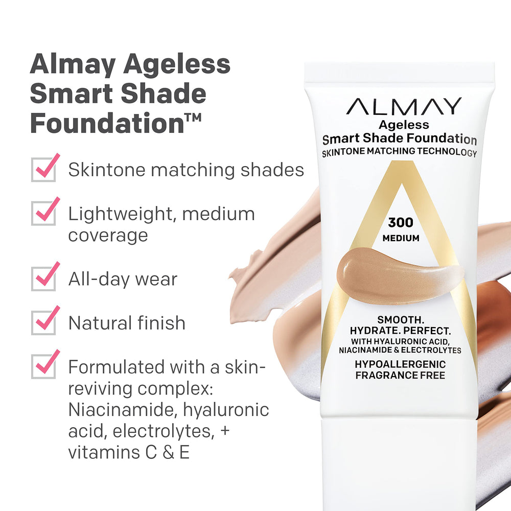 Almay foundation with hyaluronic acid hydrates for plump-looking skin.