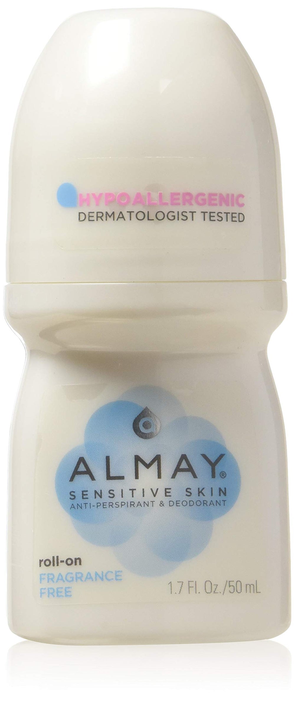 Almay fragrance-free roll-on antiperspirant bottle in a six-pack offering gentle daily protection for sensitive skin.