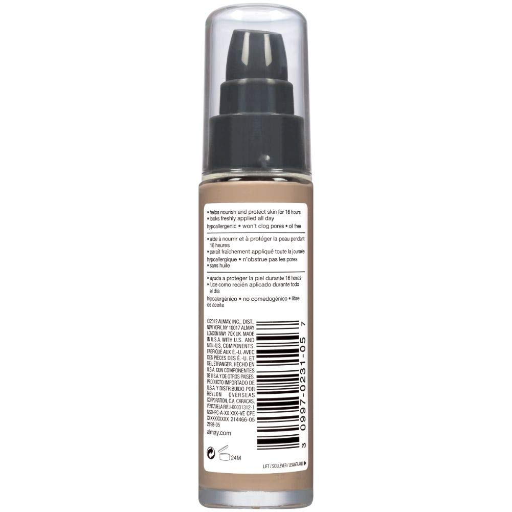 Almay liquid foundation cruelty-free and dermatologist-tested label on product.